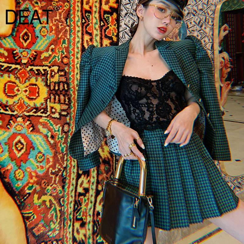 

DEAT Fashion Streetwear Single Breasted Notched Blazers Loose Mini Skirts Women Green Two Piece Set 2019 Autumn Winter New TD669