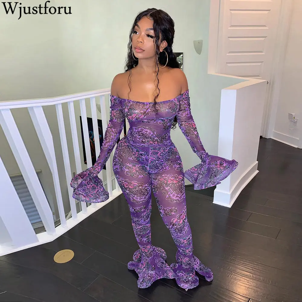 

Wjustforu Sexy Sheer Mesh Print Jumpsuit For Women Off Shoulder Fashion Club Flare Jumpsuit Female Bodycon Elegant Overalls