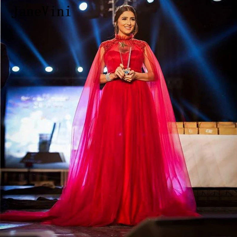 

JaneVini Elegant Red Muslim Arabic Long Sleeves Evening Dresses High Neck Crystal Beaded Tulle Floor Length Formal Dinner Gown