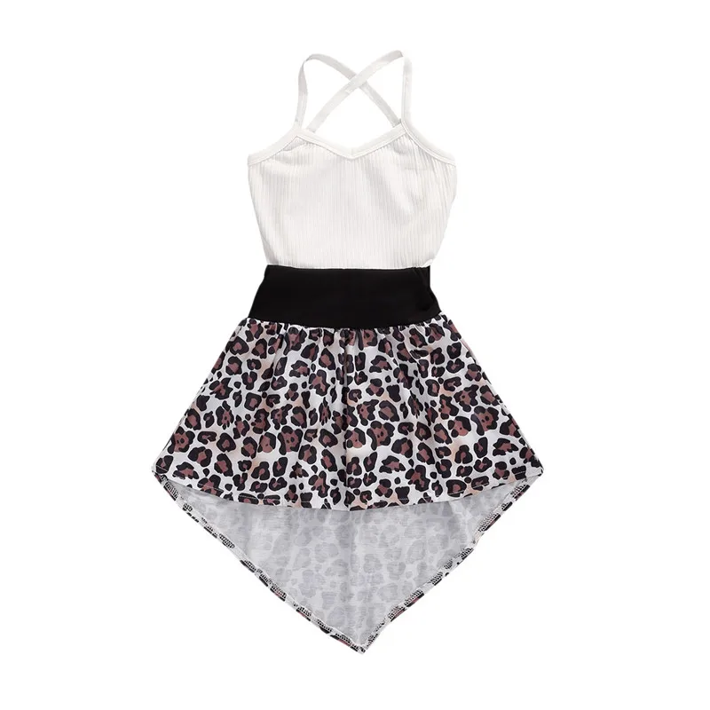 

2020 Girls Clothes New Summer Children Knitted Sling Sleeveless T-shirt+Leopard Print Skirts Sets Kids Tracksuits Clothing Sets