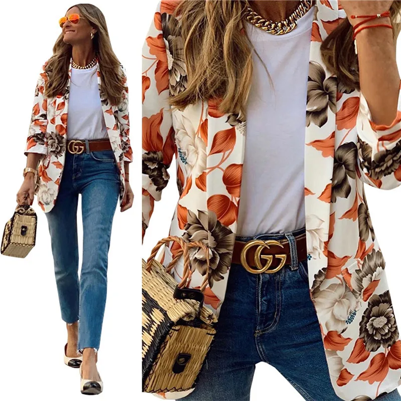 

Autumn And Winter Women Fashion Flower Printed Business Suits Coat Slim Fit Lapel Collar Blazers Casual Long Sleeve Outwear