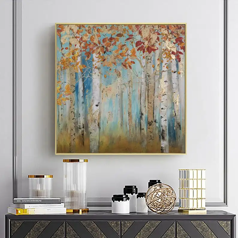 

Абстрактный пейзаж, холст, искусство, большая картина, желтые березы, живопись, Золотая фольга, украшение на стену, живопись маслом на холсте для спальни