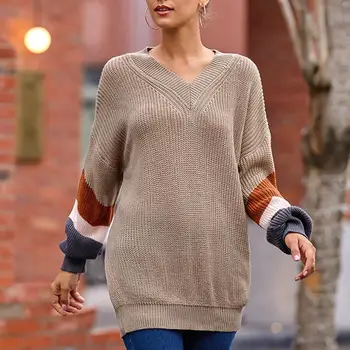 

Fashion Women Autumn Winter Color Block Puff Sleeve V Neck Knit Sweater Blouse