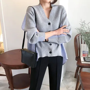 

2019 Autumn Women's Patchwork Srtiped V-Neck Knitting Cardigan Button Casual Single Breasted Loose Sweater Tops