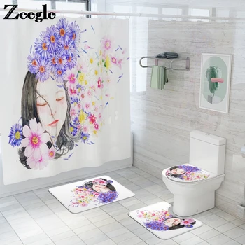

Printing Floral Beauty Girl Bath Mat and Shower Curtain Set Absorbent Toilet Mat Set Non-slip Bathroom Floor Foot Mat