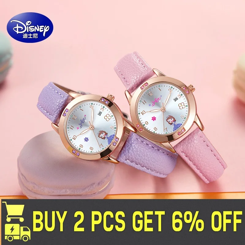 Disney Frozen Elsa Sofia Princess Children Girl Wristwatches Student Watches Pu Waterproof Calendar Luminous Japan Quartz Clocks 2