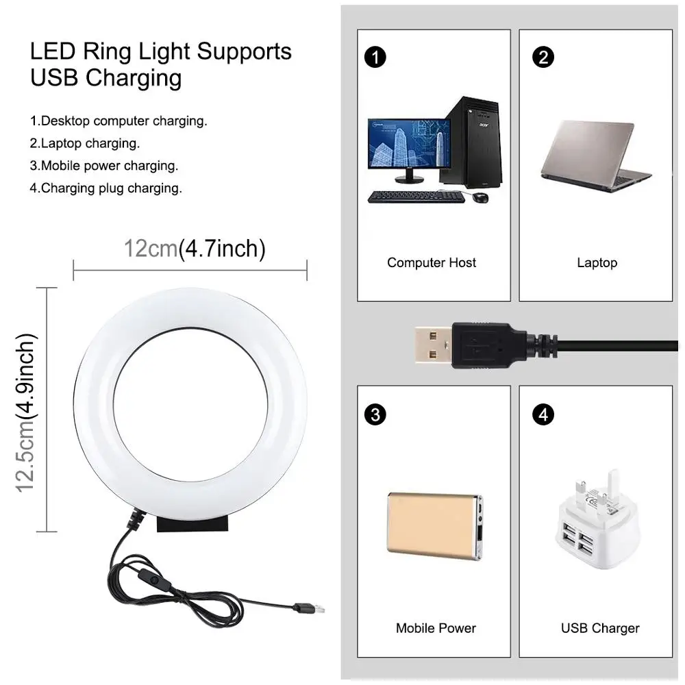 PULUZ 링 라이트 4.7 인치 12cm 곡면 USB 화이트 라이트 LED 링 브이로그 사진 비디오 라이트, 촬영용 조명 영상조명 브이로그
