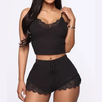 

Sexy Lace Pajama Sets For Women Summer Crop Tops Camis Shorts Nightwear Pyjamas Casual Solid Ladies Lingerie Homewear Summer set