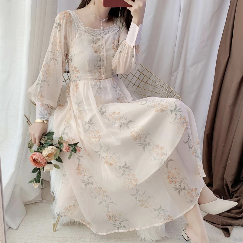 Mingyuan Xiaoxiangfeng/платье с цветочным рисунком и квадратным вырезом