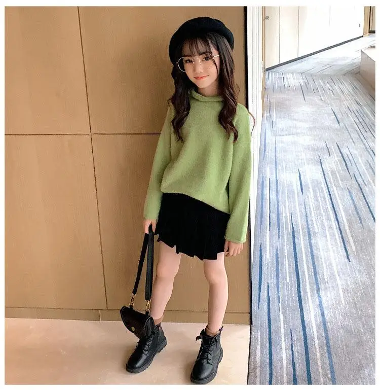 New 2020 Spring Autumn Winter Pullover Big Girls Sweater High Collar Baby Girl Sweater Fashion Kids Sweater Green White Tops (19)