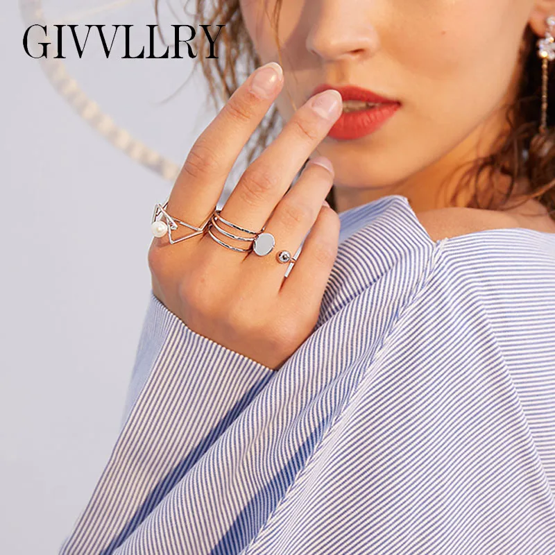 

GIVVLLRY 4 pcs/set Geometric Rings for Women Office Lady Elegant Knuckle Jewelry Minimalist Vintage Silver Color Midi Ring Set