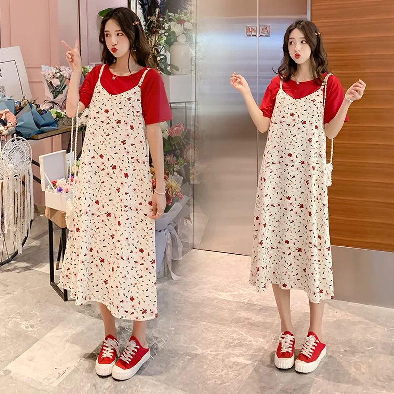 

2019 Summer New Style Korean-style Loose And Plus-sized Fashion T-shirt + Strapped Dress Two-Piece Women's Fashion