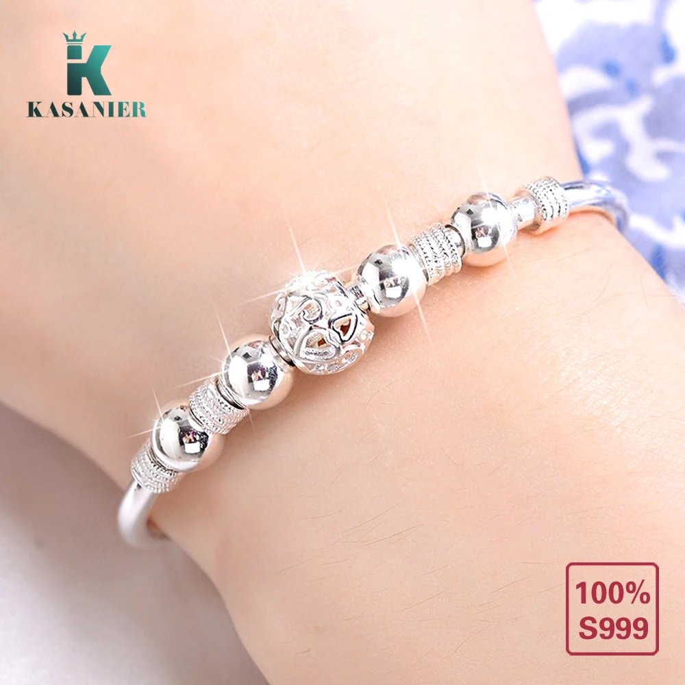 KASANIER S999 браслеты из стерлингового серебра с бусинами, открытые браслеты-манжеты, браслеты для женщин и девушек, ювелирные изделия, подарок по заводской цене, распродажа