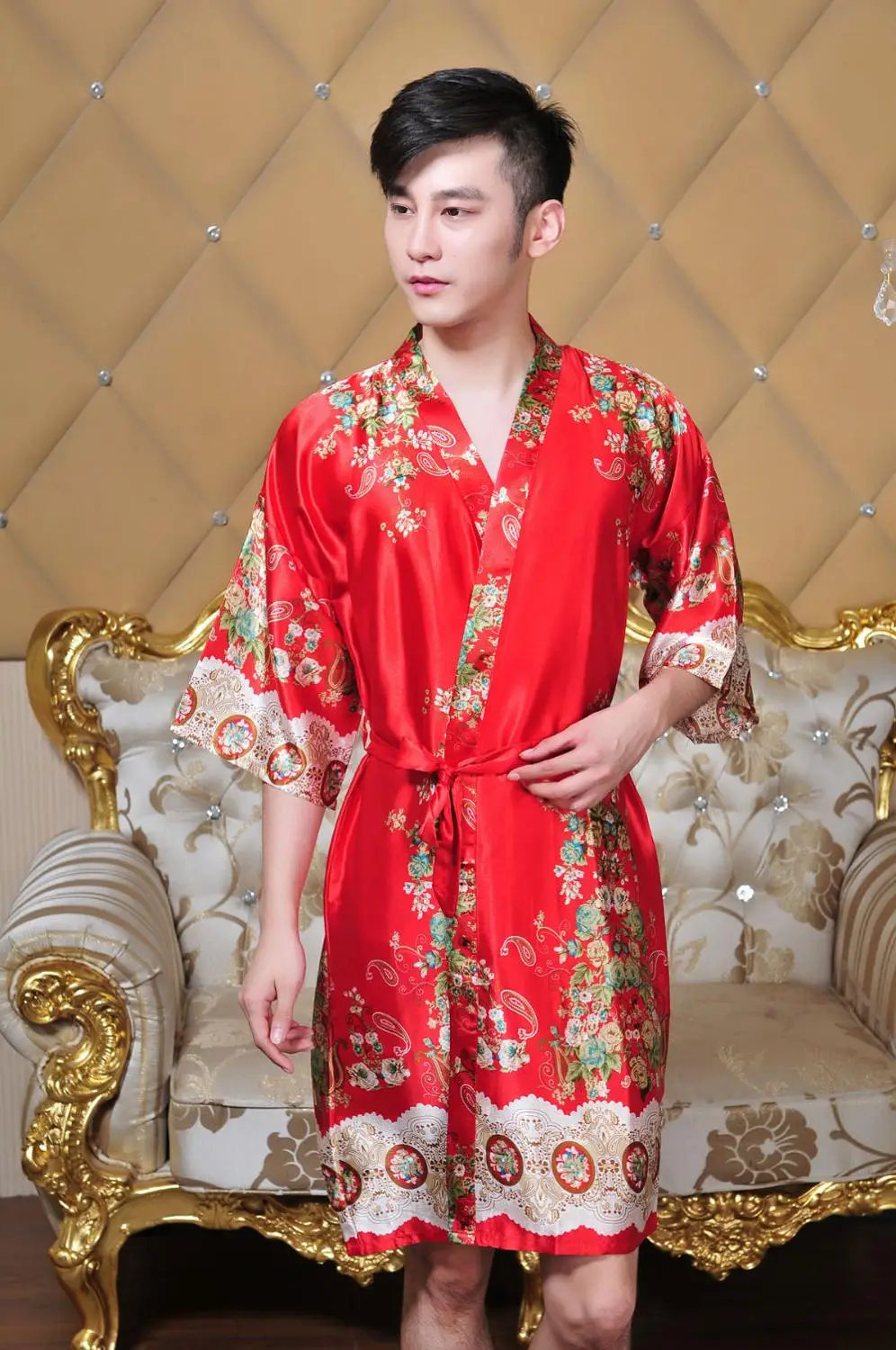 Мужской Халат-кимоно в китайском стиле, халат с цветочным принтом, ночное белье, повседневная одежда для сна, ночное белье из вискозы, неглиже, свободное интимное нижнее белье
