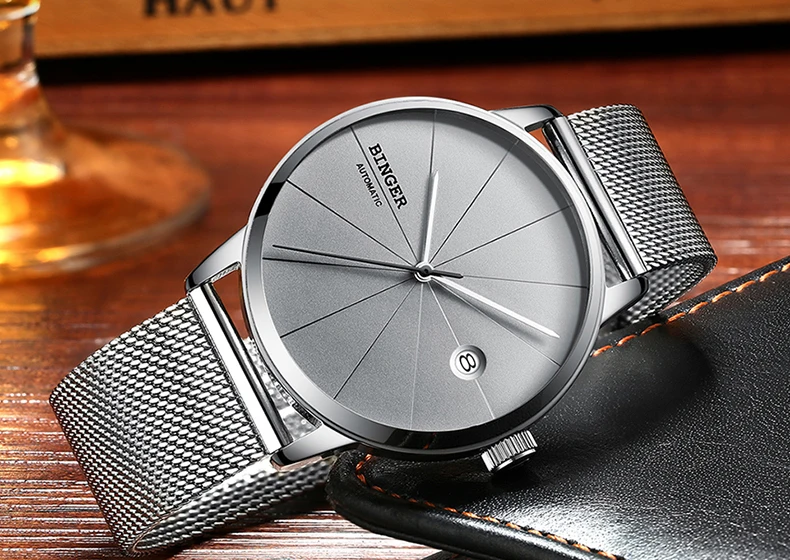 Япония автоматический переход Для мужчин t BINGER Для мужчин Топ Элитный бренд механические часы Уникальный тонкий дизайн кожаный ремешок horloges mannen