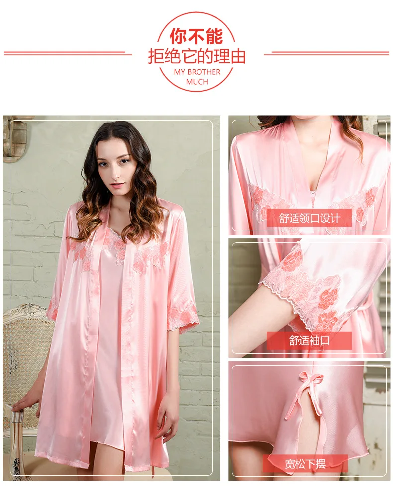 WOMEN'S V-neck Sexy Strap Nightdress Spring-Summer Thin Half-sleeve Shirt Women's Robe& Gown Sets Imitated Silk Fabric Comforta