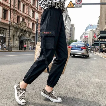 

Black Cargo Pants Streetwear Women Fashion 2019 Pockets Patchwork Hippie Trousers Japan Hip Hop High Waist Streetwear Pants Girl
