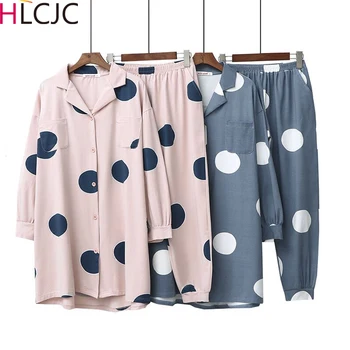 

2020 Spring Sweet Women's Cotton Long Sleeve Polkat Dot Pajamas Set Loose Women Sleepwear Set Long Top Party Pyjamas Outwear