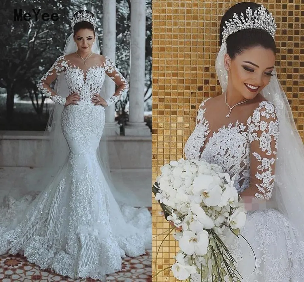 Luxury Long Sleeves Wedding Dresses 2020 Sheer Neck Cover Button Back Lace Applique Vestido de noiva Long Mermaid Bridal Gowns