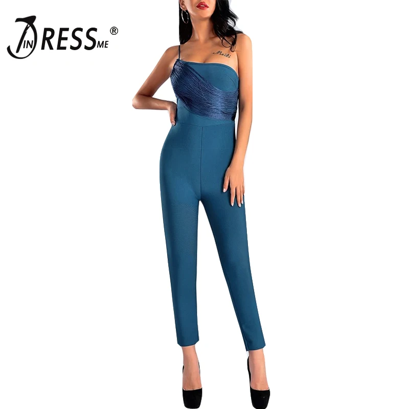 INDRESSME, новинка, бахрома, на одно плечо, с кисточками, обтягивающие штаны, облегающие Комбинезоны, сексуальные, вечерние, для женщин, модный, Облегающий комбинезон