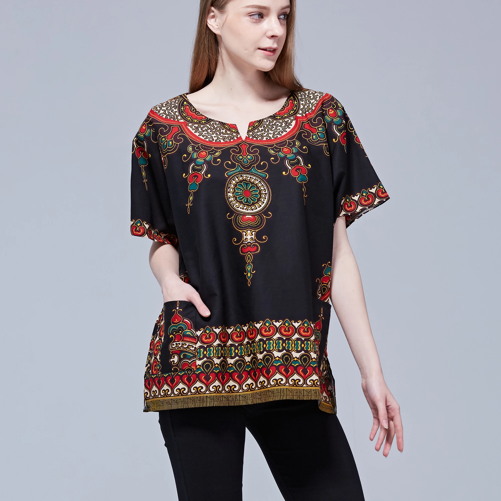 

African Classy Design Unisex Cotton Dashiki Men and Women Kwanzaa Tops with Pockets