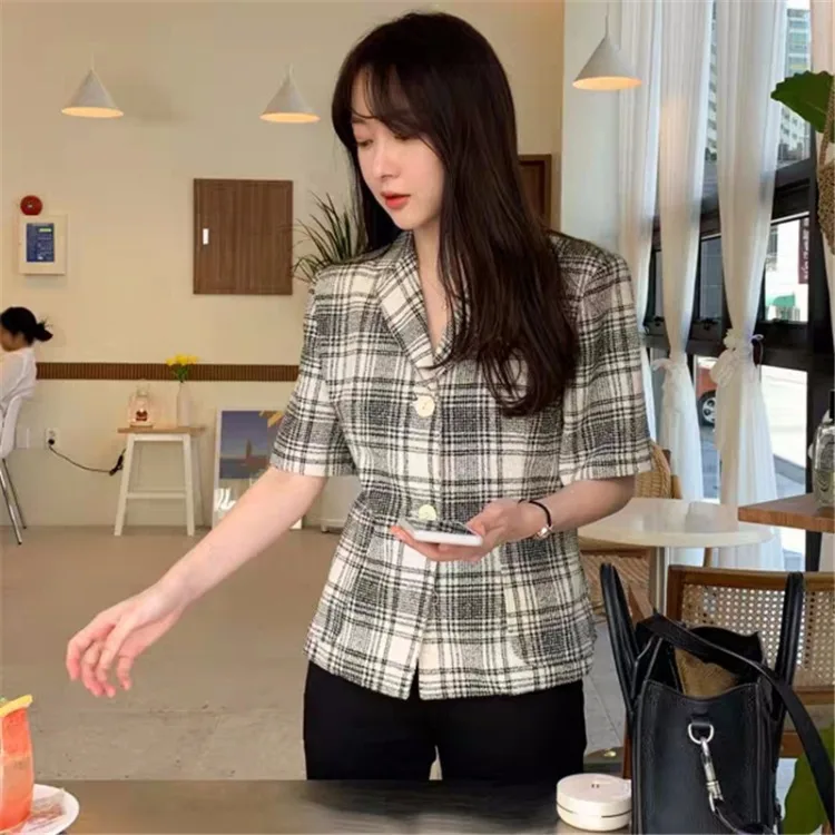 

South Korea CHIC Retro Pattern Fold-down Collar Loose-Fit Slimming Suit Jacket Women's