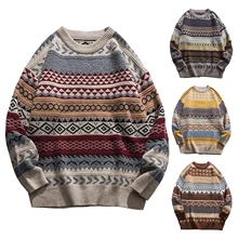 

Autumn Winter Retro Striped Sweater Men Classic Round Neck Diamond Design Long Sleeve Knitted Sweater Casual Pullover Streetwear