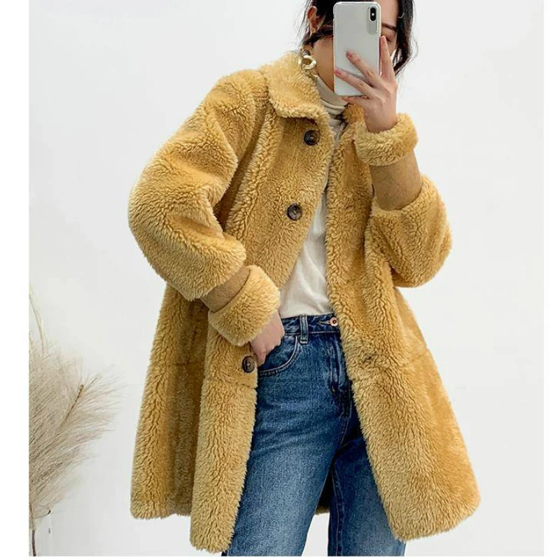 Женское желтое шерстяное пальто сезон осень-зима пушистое плюшевое из