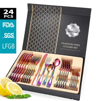 

24pcs/box Gold Dinnerware Set With Gift Box Package Stainless Steel Tableware Knife Fork Spoon Flatware Dishwasher Safe Cutlery