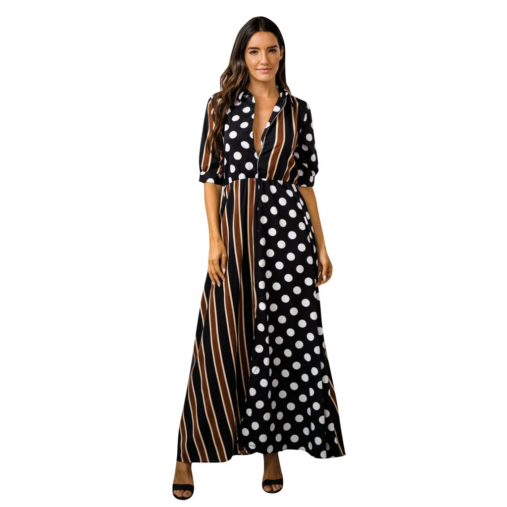 Womens Boho Half Sleeve Wave Point Fashion Ladies Casual Evening Paty Long Dress