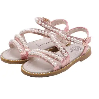 

New Fashion Leather Solid Rhinestone Pearl Princess Sandals Childrens Girls Shoes Kids Soft Bottom Beach Sandals