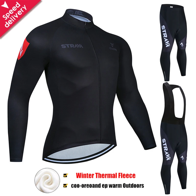 2020 STRAVA Winter Thermal Fleece Cycling Jersey Set Cycling Clothing Super Warm Mountain Bike Wear Racing Bicycle Clothing Set