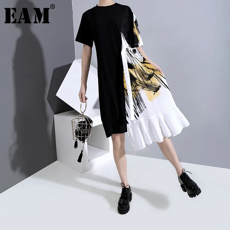 [EAM] Women Black Pattern Printed Ruffles Dress New Round Neck Short Sleeve Loose Fit Fashion Tide Spring Summer 2020 1W007