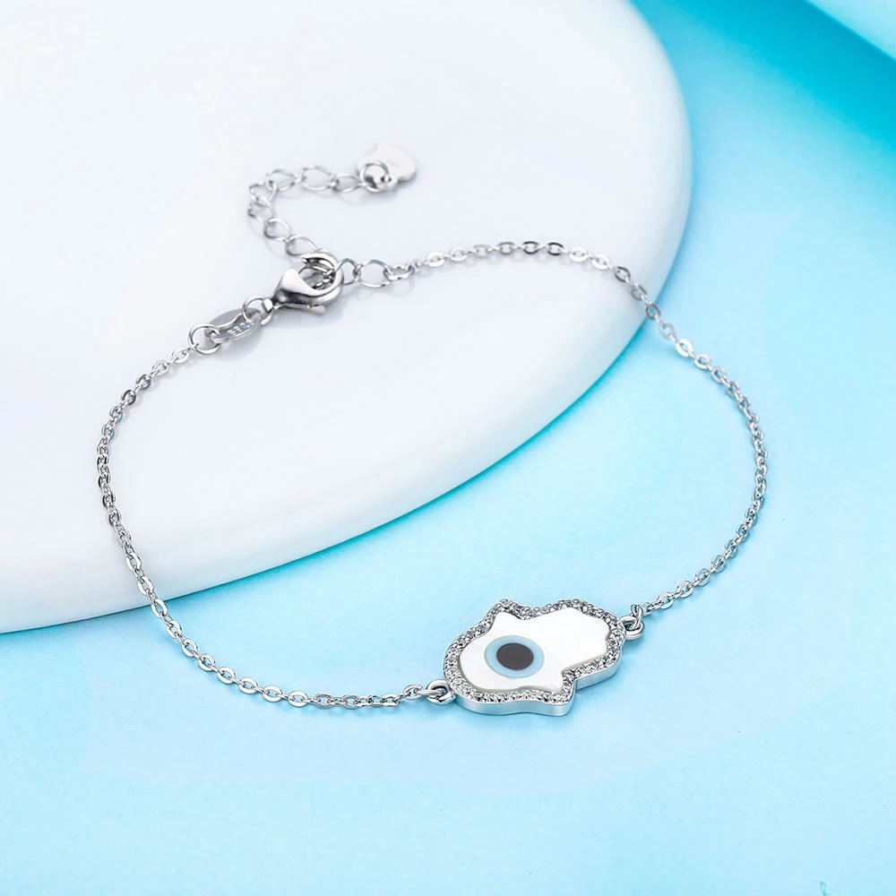 Новая мода синтетический опал синий и белый Хамса рука Фатимы натуральная 925 серебро браслет - Окраска металла: Mother of Pearl