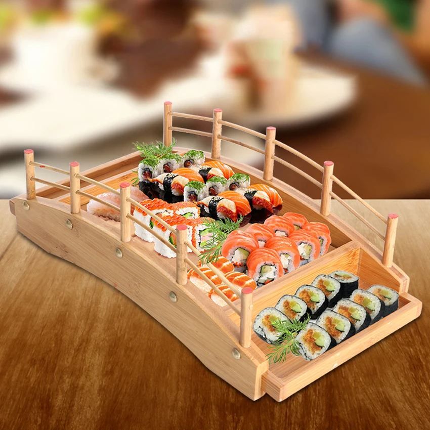 Wooden Sushi Serving Tray Plate for Restaurant or Home Bridge Shape Japanese Sashimi | Дом и - Цена: 1 402,36 - 2 070,75 руб.