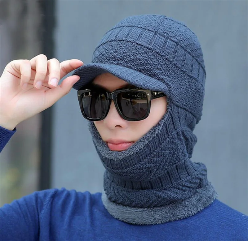 Gray Have Brim Мужская зимняя шапка, шарф, набор для женщин, теплая вязаная плюшевая шапка с капюшоном, шарф с полями, Мужской козырек, шапочки для взрослых, одноцветная шапка, кольцо, шарфы - Цвет: Gray Have Brim