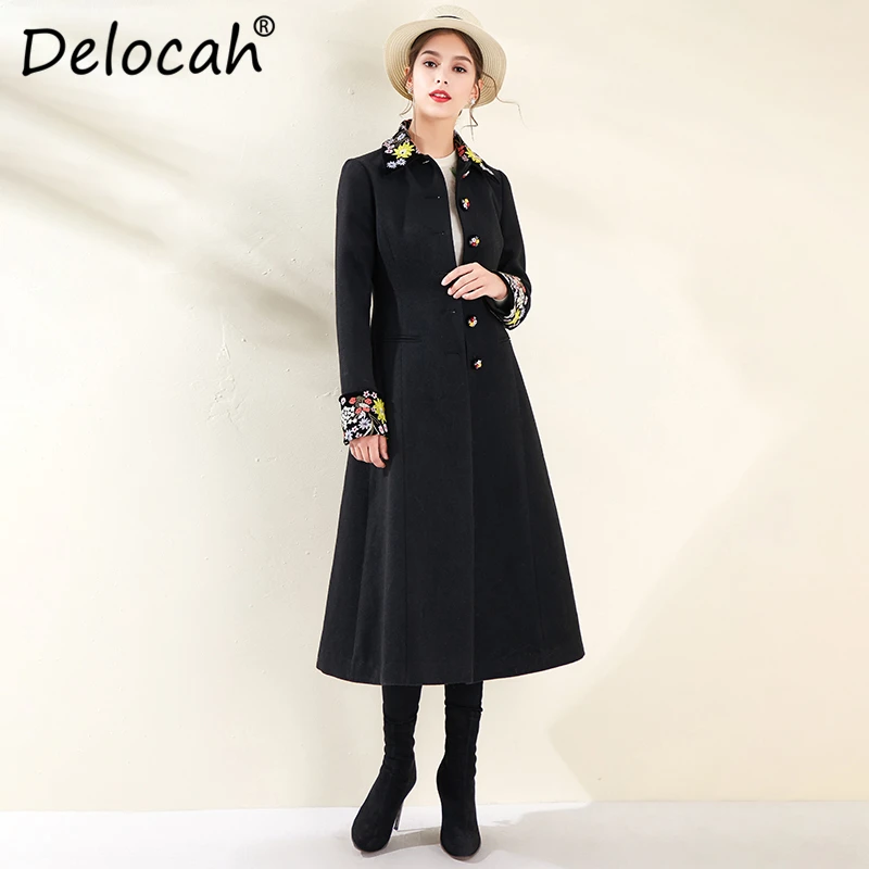 Черный Delocah, осенне-зимнее женское пальто, подиум, модный дизайн, длинный рукав, великолепная пуговица с кристаллами, черное, с принтом, теплое пальто - Цвет: Черный