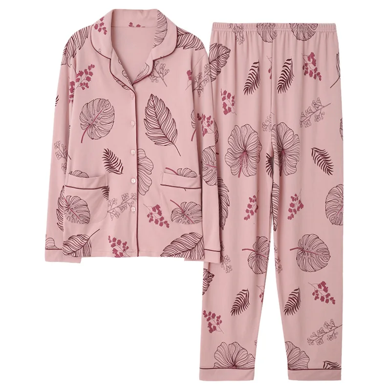 

Elegant Women Autumn&Winter 100% Cotton Pajama Suit Long Sleeve Leaf Printting Loose Home Suit Plus Size Pajamas Set XL XXL XXXL