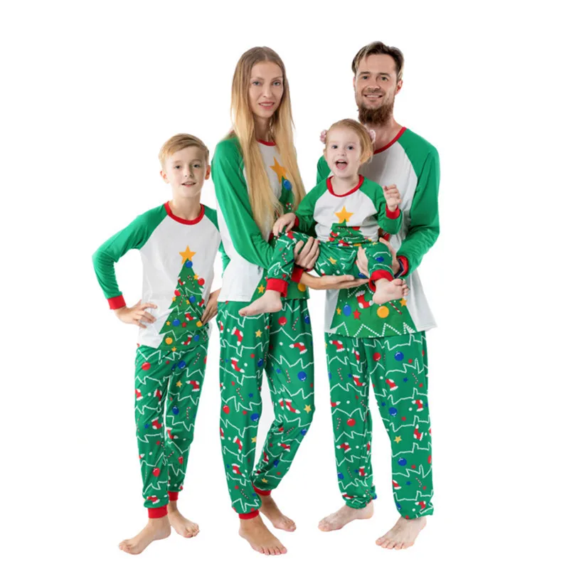 

2019 Winter New Family Matching Pajamas Set Christmas Tree Printed Green Suit Sleepwear Nightwear Home Pyjamas