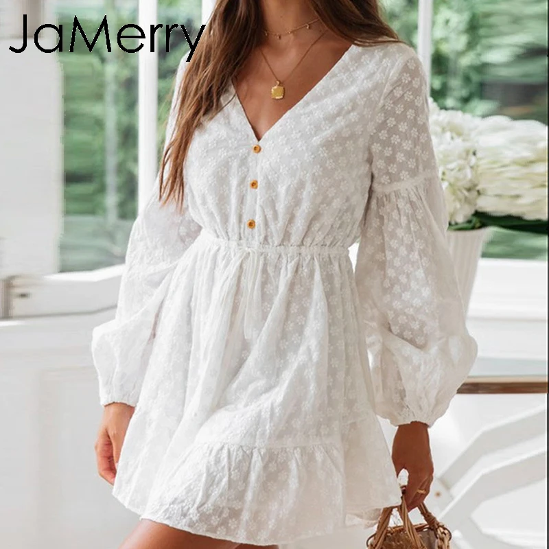 JaMerry, сексуальное белое кружевное платье с v-образным вырезом, женское, элегантное, хлопковое, с вышивкой, короткое, для вечеринки, летнее, Пляжное, bohimian, для девушек, vestidos