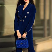 Офисный Бархатный синий блейзер с зубчатым вырезом, рабочая одежда, Модный женский однобортный однотонный блейзер с длинным рукавом, пальто, топы, Повседневная Уличная одежда