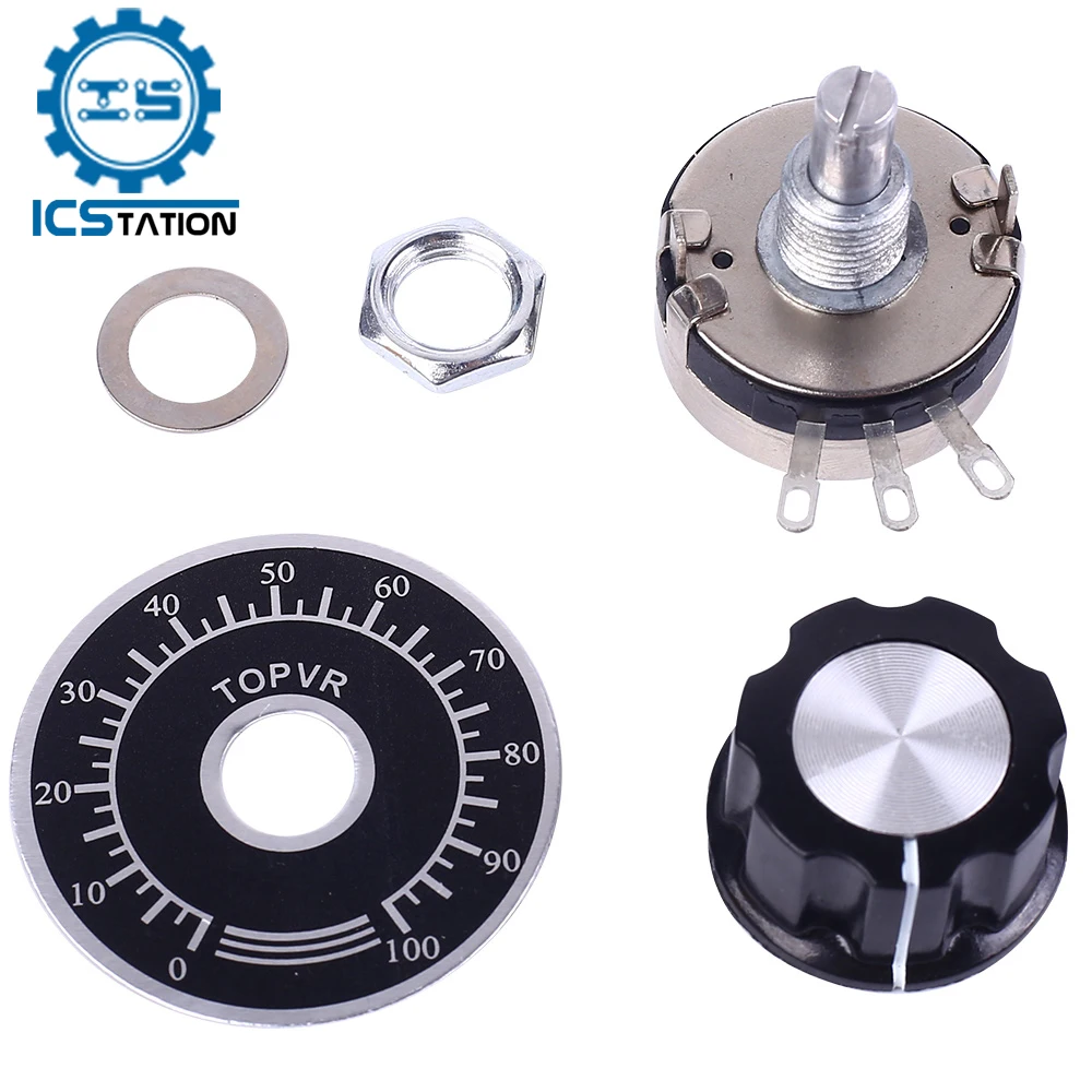 

4Pcs 3Pin Single Turn Potentiometer 1K 10K 47K 100K Carbon Film Potentiometers with Knob Scale Piece Cap Audio Volume Control