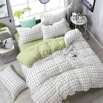 

Soft Grid Printing Bedding Set Pink Fresh Style Green Love Sheet Duvet Cover Pillowcase Bedding Set King Single Queen Bed Set