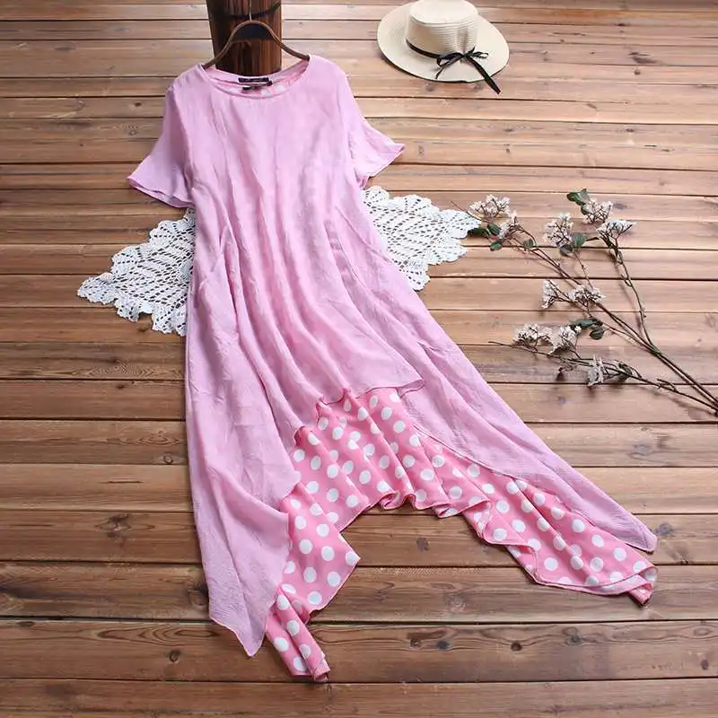 Комплект из 2 предметов, женское богемное платье в горошек с принтом, летнее однотонное платье с короткими рукавами и асимметричным подолом, повседневные свободные вечерние платья, Vestido
