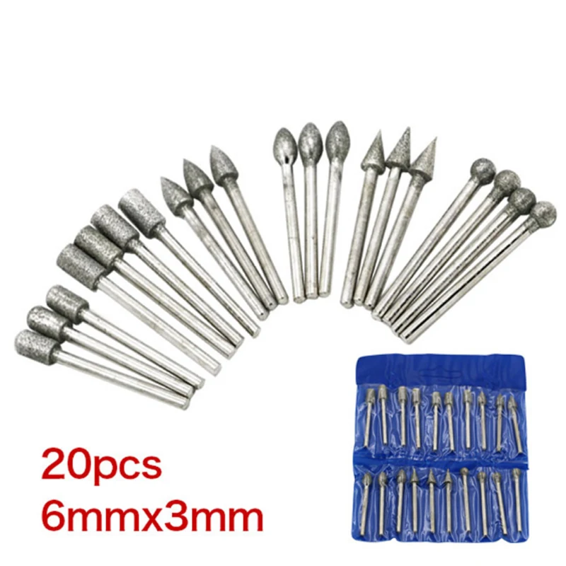 

20pcs/Set Diamond Rotary File Cutter 6*3mm Burr Engraving Grinding Glass Stone Metal Tool for Grinders Hanging Mill