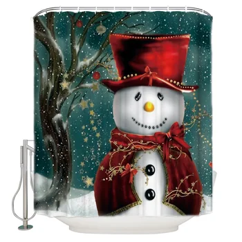 

Christmas Snowman Red Hat Tree Branch Shower Curtain Waterproof Bathroom Curtain