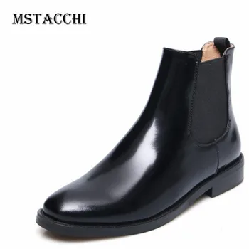 

MStacchi Low Heel Genuine Leather Booties Madam Black Round Toe Ankle Boots Women Fashion Asakuchi Chelsea Boots Plus Size 33-44