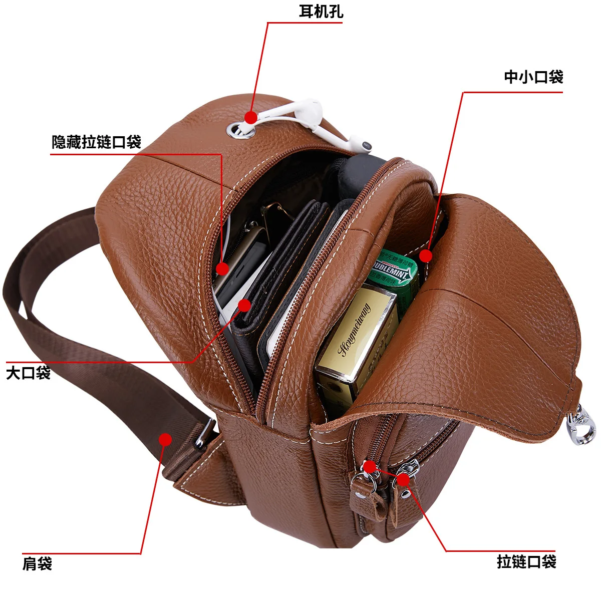 Genuine leather Male and female single shoulder bag Travelling Multifunction Double deck Zipper Brown Coffee Black