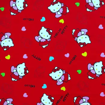 

1 yard Cotton Twill Fabric for sewing pathwork, dress, cloth, bedding - Hello kitty and heart on red (width=160cm,160g)