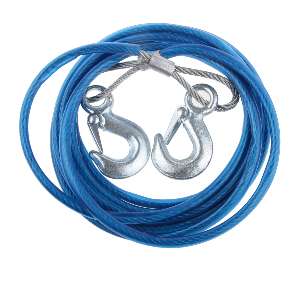 4M 3 Tons Car Tow Cable Steel Towing Cable Hooks Emergency Heavy Duty